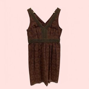 Y2K brown floral eyelet olive crochet trim babydoll midi sleeveless dress